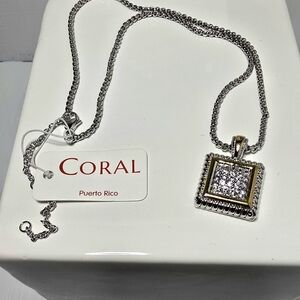 Coral Two-Tone Square Pavé Pendant Necklace in Silver and Gold